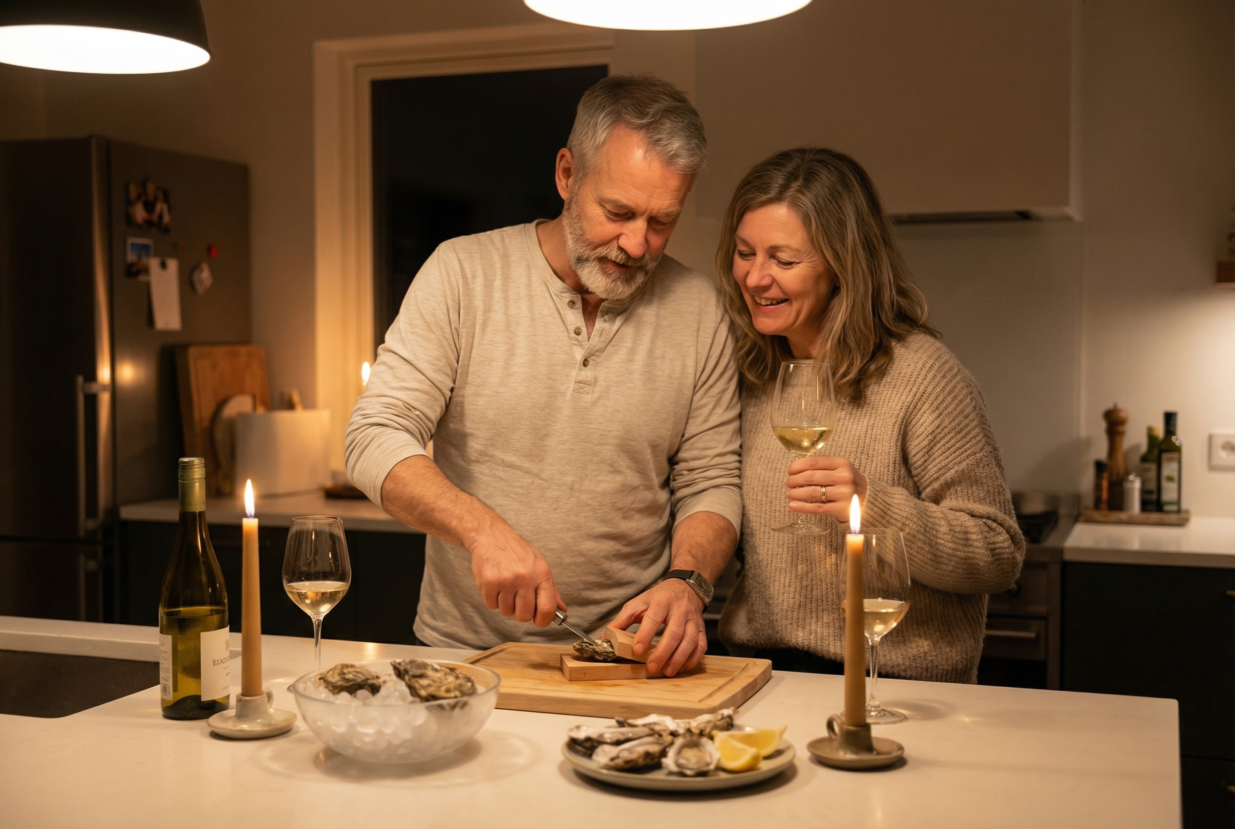 Couple enjoying oysters at home by candlelight