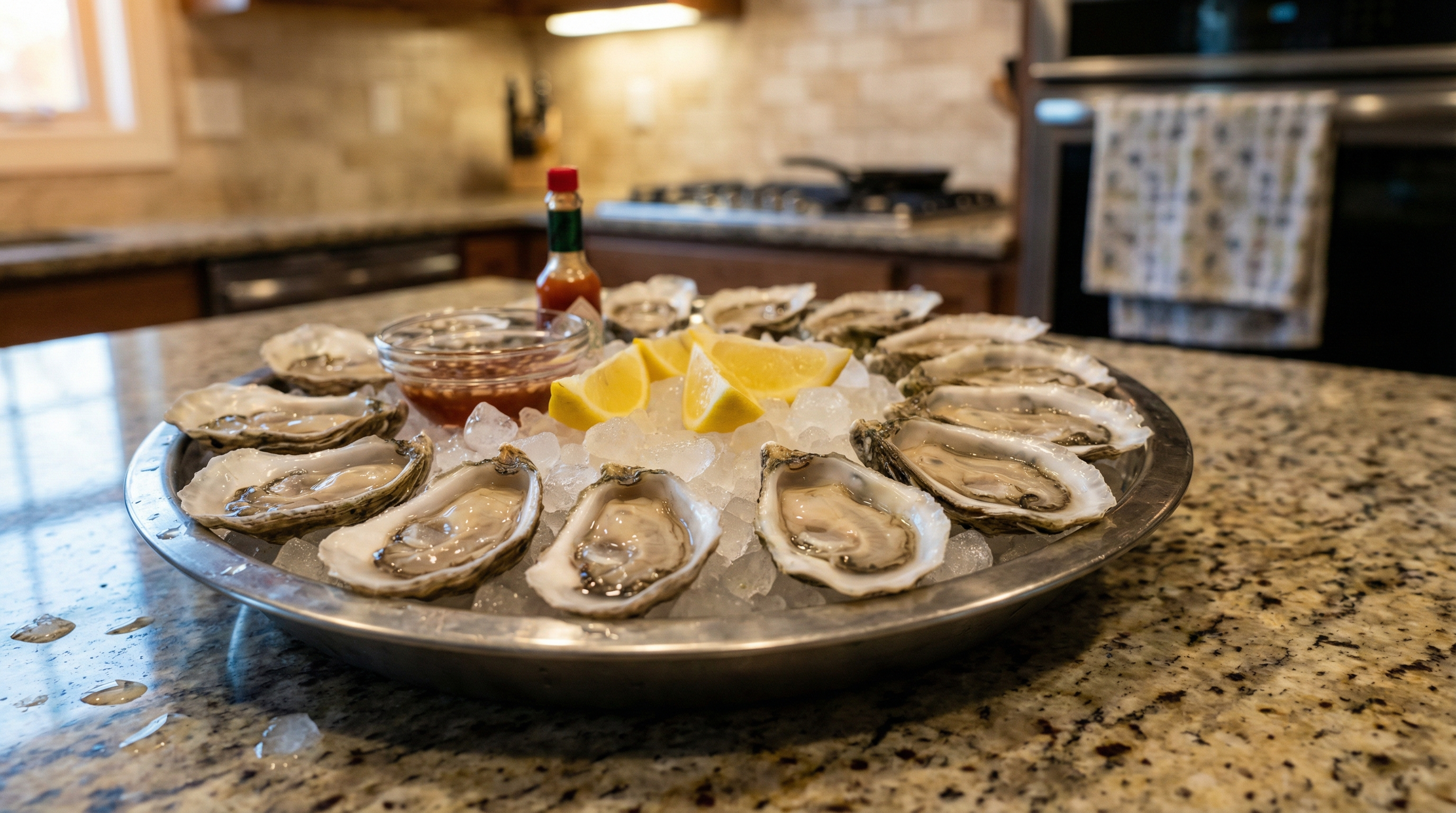 Beautifully plated oysters on ice with lemon and mignonette